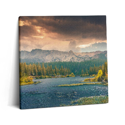 Vászonkép 60x60 Erdei táj hegyek és tó