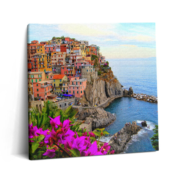 Vászonkép 60x60 Virágok és Cinque Terre olaszországi partvonala