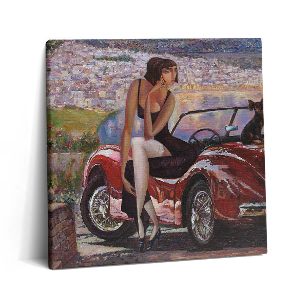 Vászonkép 60x60 Retro autó és nő kutyával az autóban