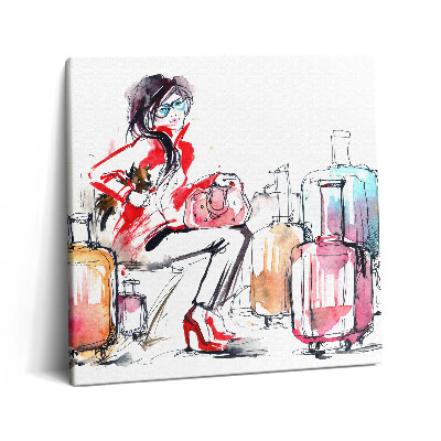 Vászonkép 60x60 Festett nő bőröndökkel