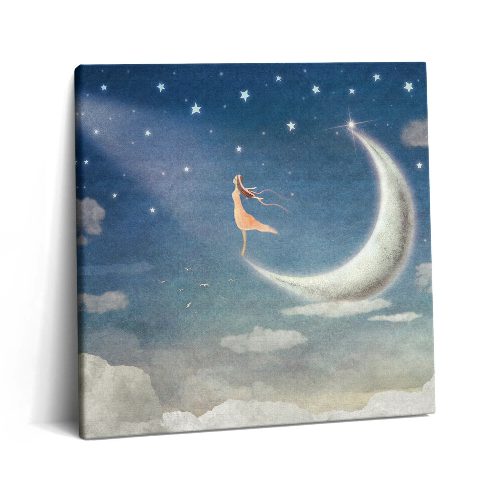 Vászonkép 60x60 Lány a holdon és az éjszakai égbolton