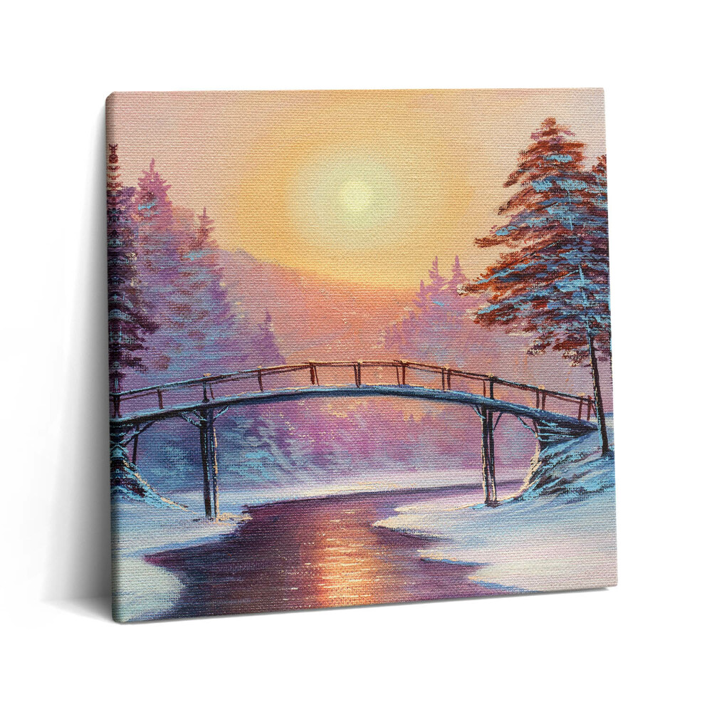 Vászonkép 60x60 Festmény - híd a folyó felett és téli naplemente