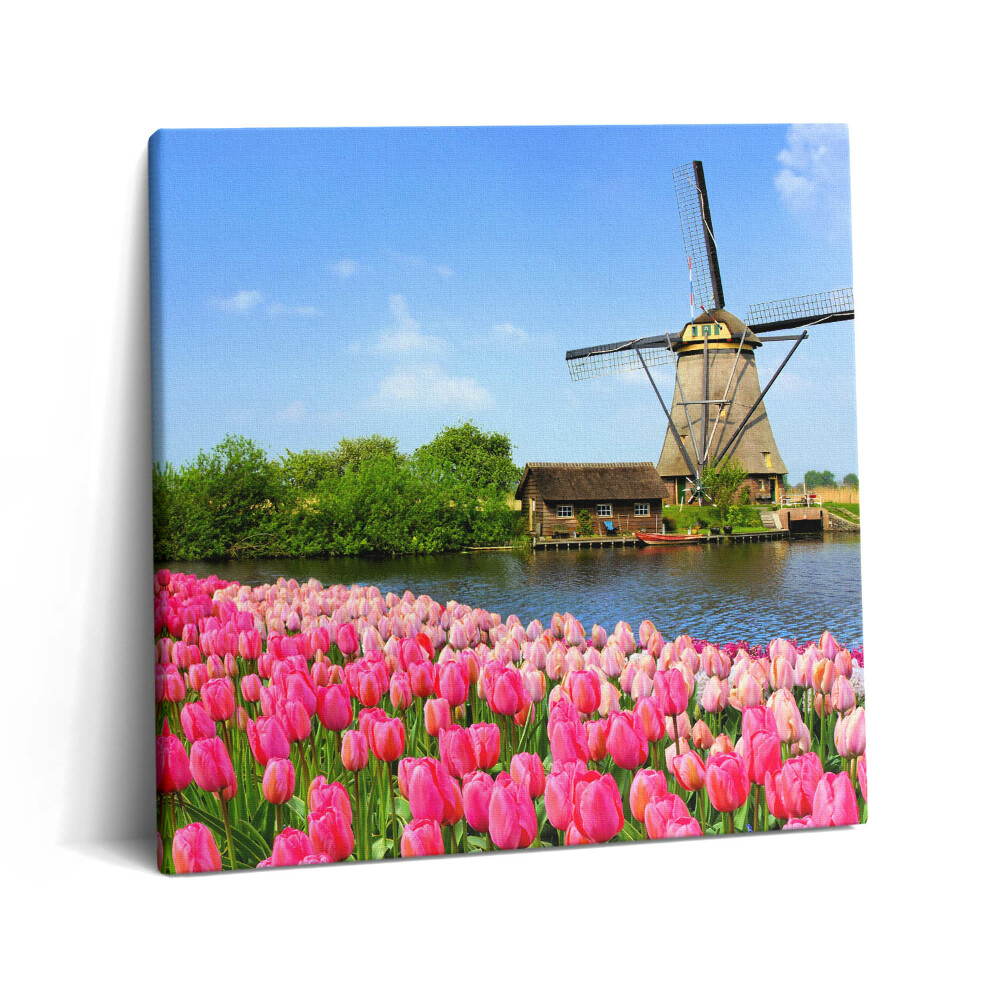 Vászonkép 60x60 Holland szélmalom virágokkal