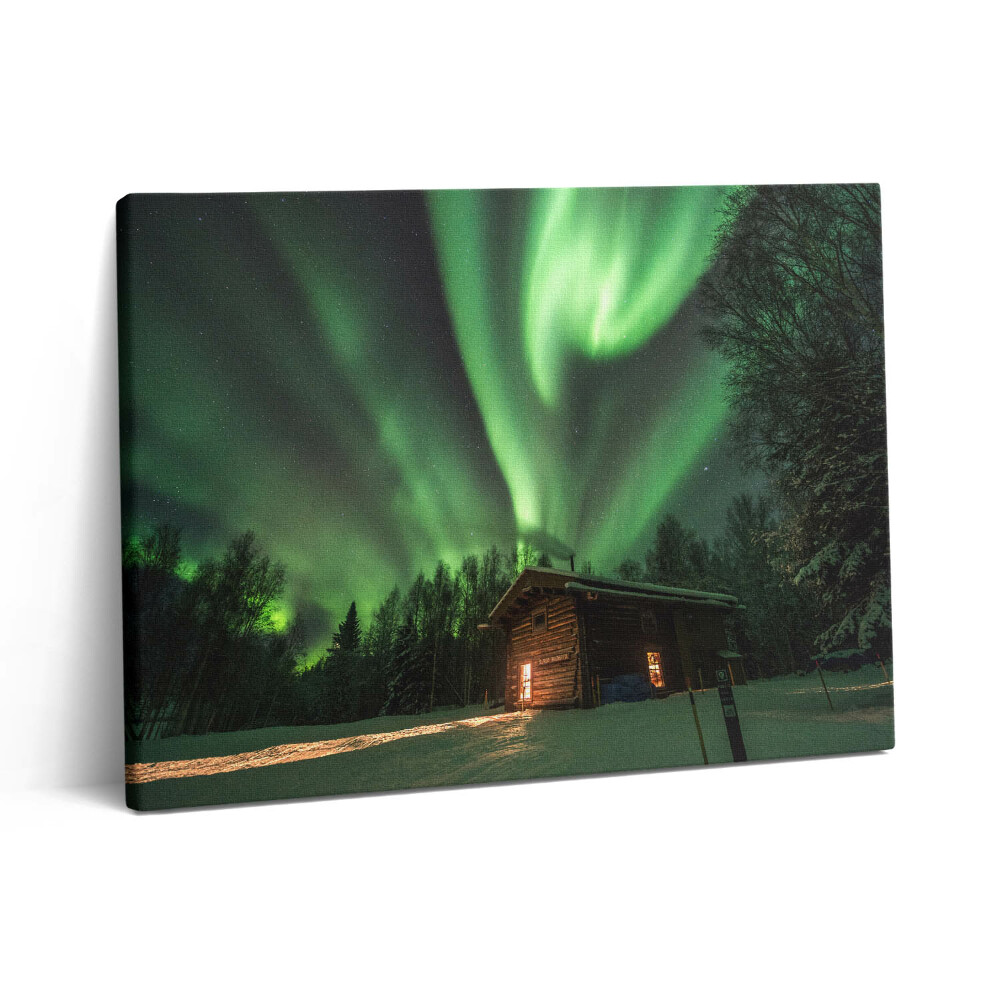 Vászonkép falra 80x60 Sarki fény és egy ház az erdőben