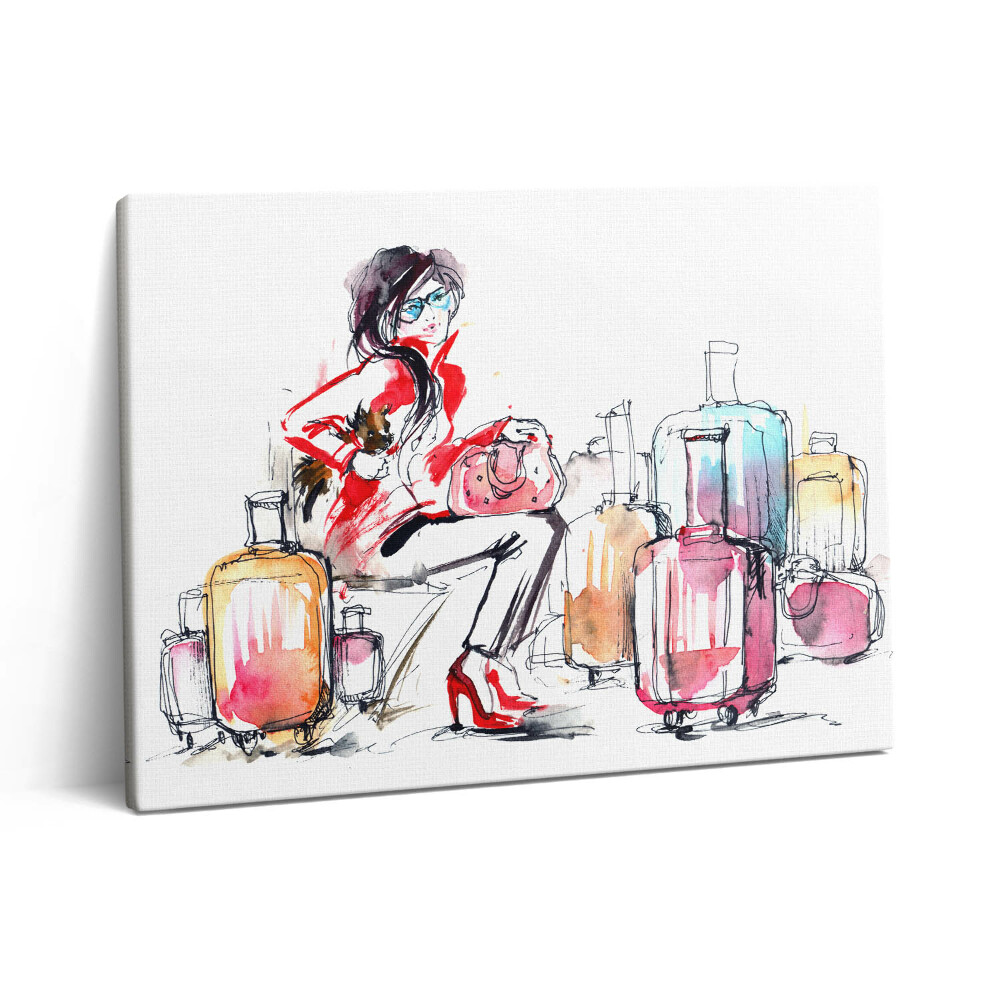 Vászonkép falra 80x60 Festett nő bőröndökkel
