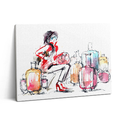 Vászonkép falra 80x60 Festett nő bőröndökkel