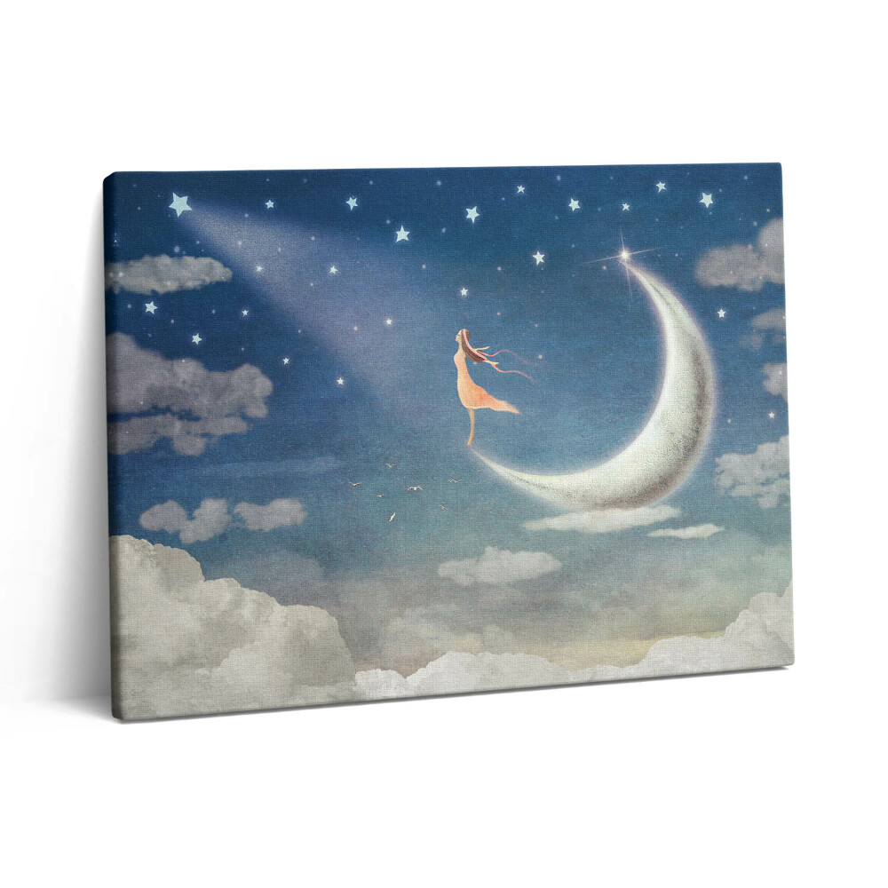 Vászonkép falra 80x60 Lány a holdon és az éjszakai égbolton