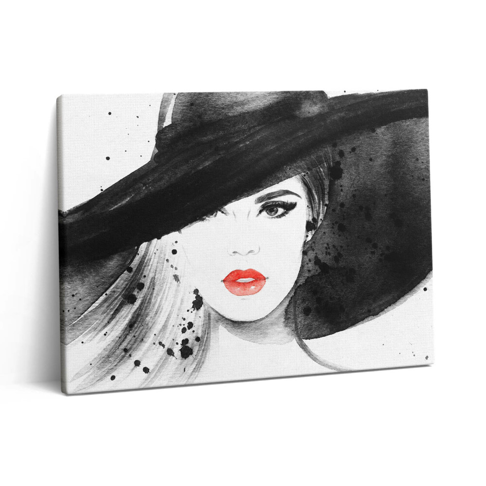 Vászonkép falra 80x60 Nő kalapban és feketében