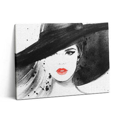 Vászonkép falra 80x60 Nő kalapban és feketében