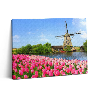 Vászonkép falra 80x60 Holland szélmalom virágokkal