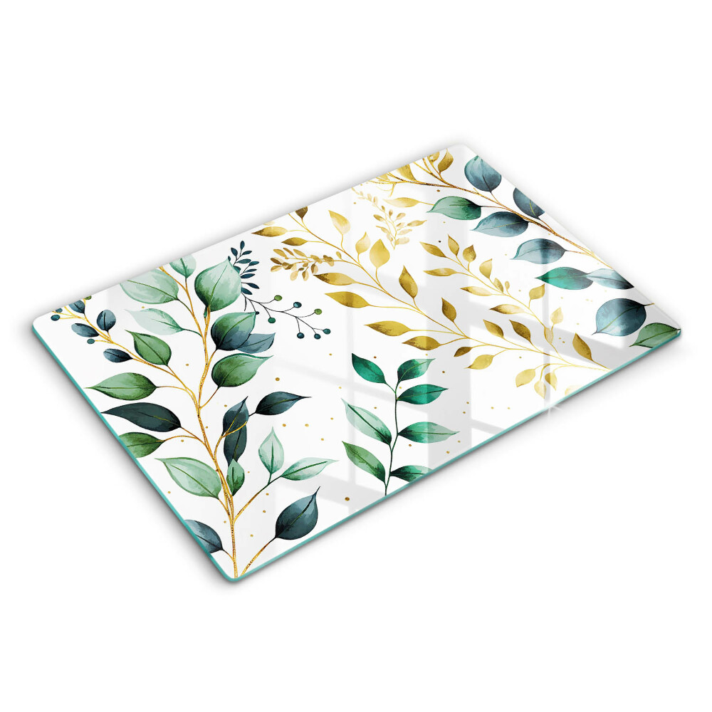 Üveg tűzhelyvédő 80x52 cm Zöld és arany levelek