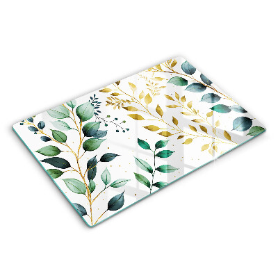 Üveg tűzhelyvédő 80x52 cm Zöld és arany levelek