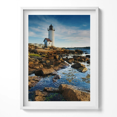 Keretezett kép Világítótorony, sziklák és égbolt tájkép