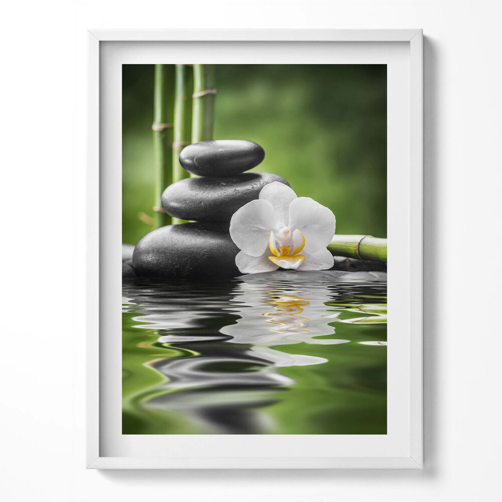 Keretezett kép Zen - bambuszkövek és virág a vízen