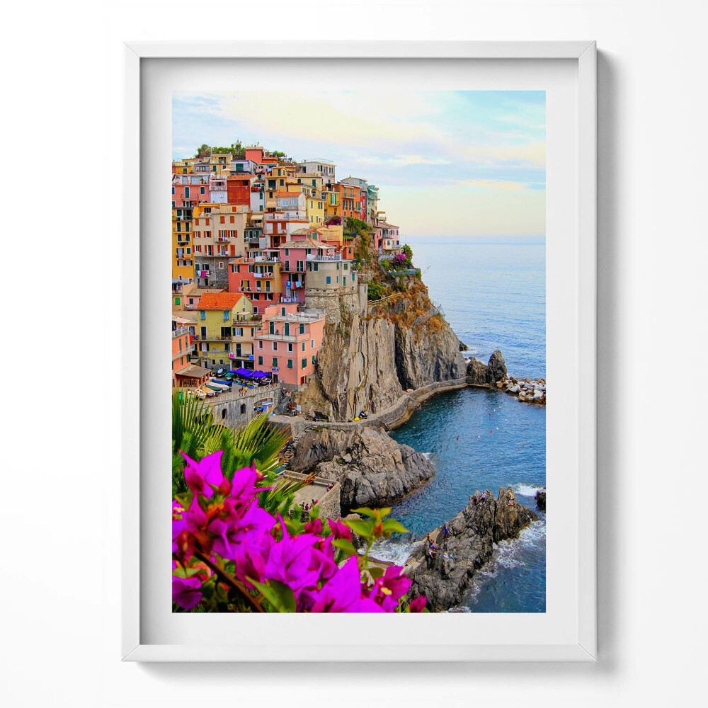 Kép keretben Virágok és a Cinque Terre tengerpartja Olaszország