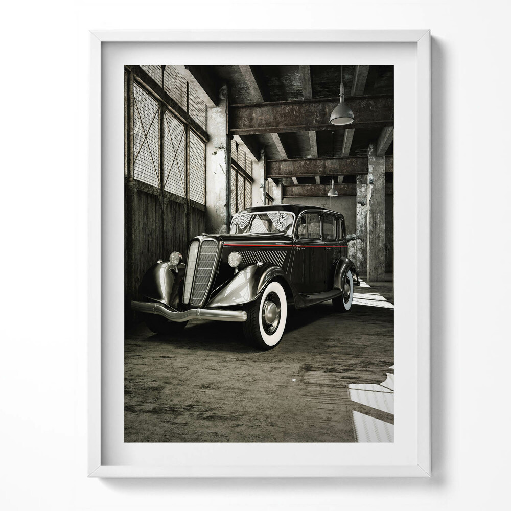 Keretezett kép Klasszikus autó egy régi gyárban