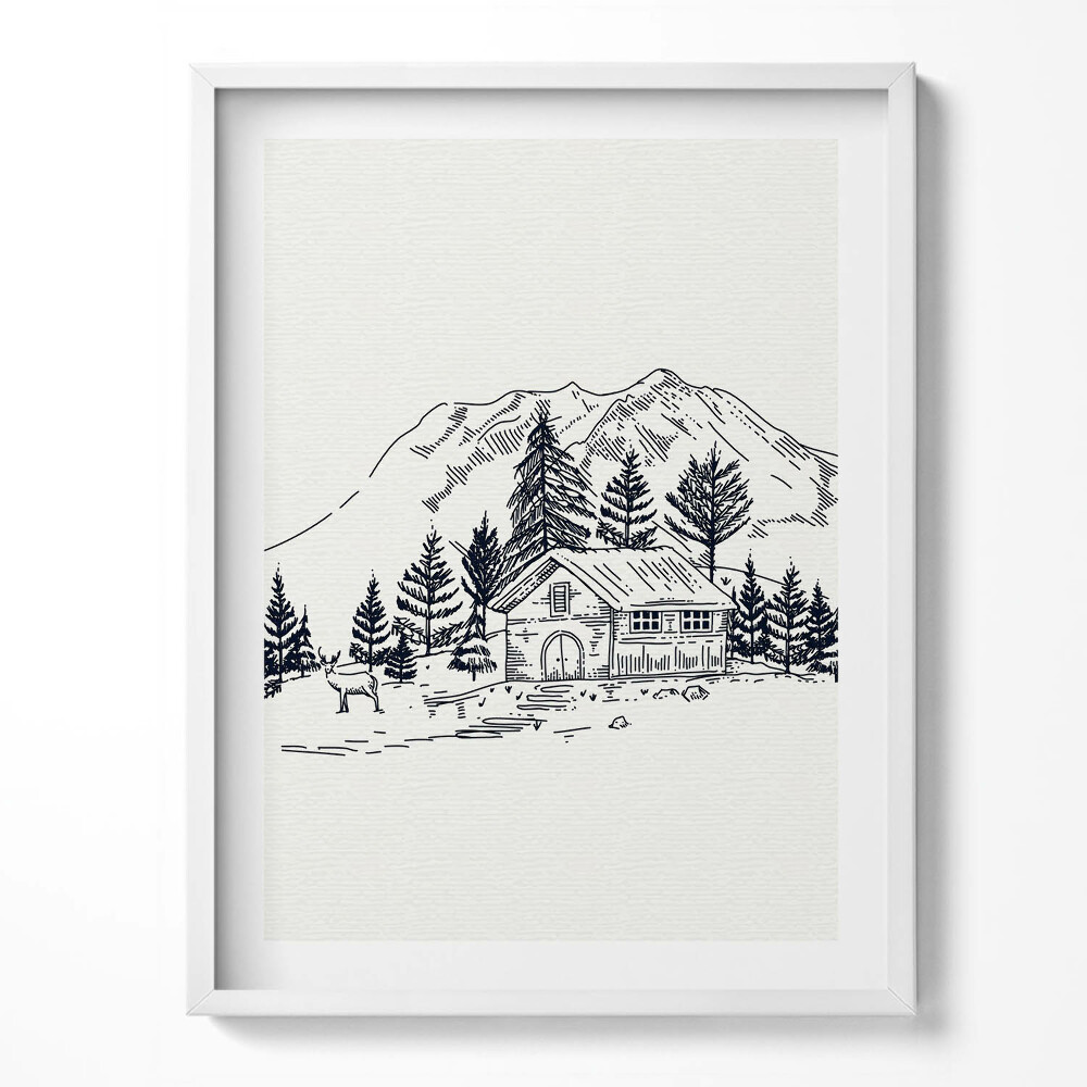 Keretezett kép Rajz egy házikóról a hegyekben