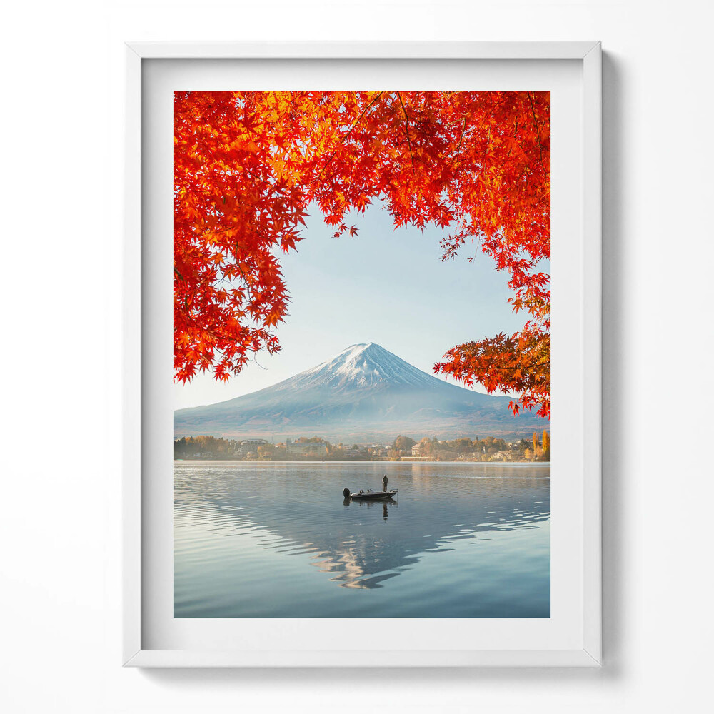 Kép keretben Tájkép a Fuji hegyről egy vörös fa alatt
