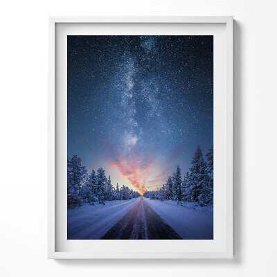 Keretezett kép Tájkép - Téli út és csillagos égbolt