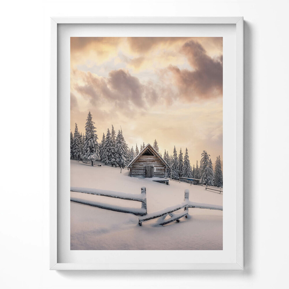 Kép keretben Hegyi házikó táj télen és naplementében