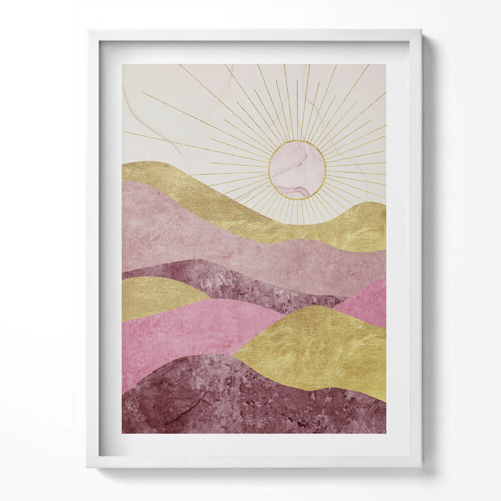 Keretezett kép Absztrakt táj arany hegyek és nap