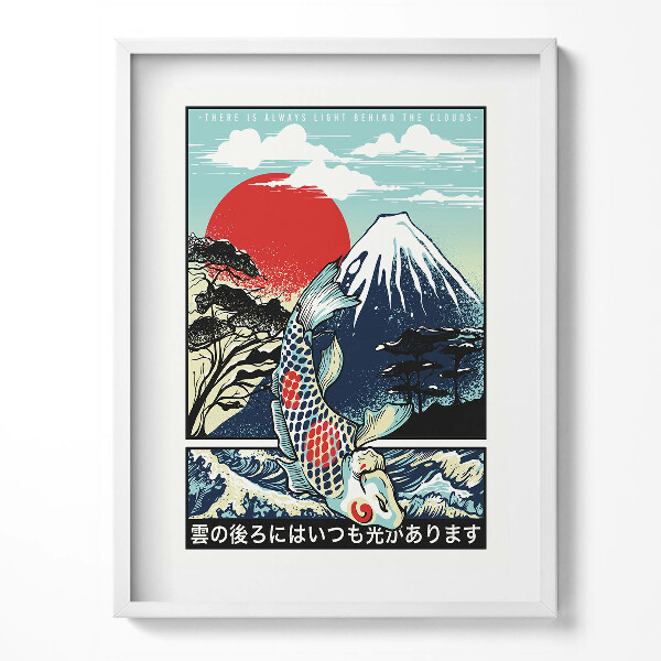 Kép keretben Japán illusztráció a Fuji hegyről és Koi halakról