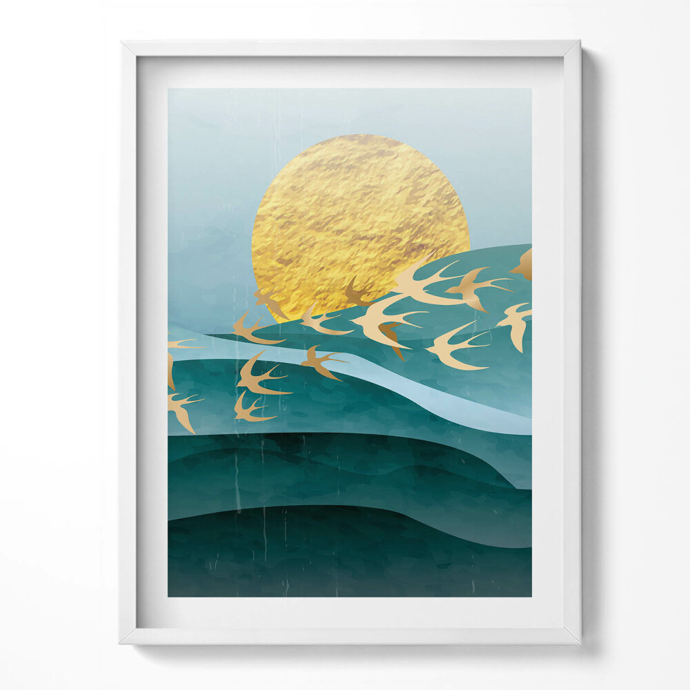 Kép keretben Arany madarak illusztrációja az égen