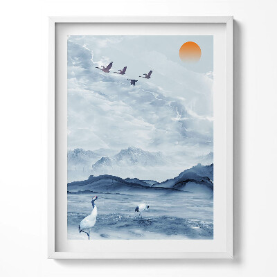 Keretezett kép Festett táj egy tó és darvak