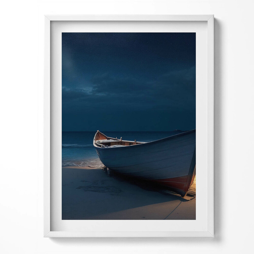 Kép keretben Csónak a tengerparton nyírfa éjszaka