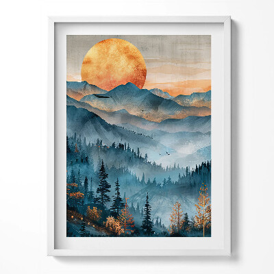 Kép keretben Absztrakt tájkép a nap hegyek és erdők felett