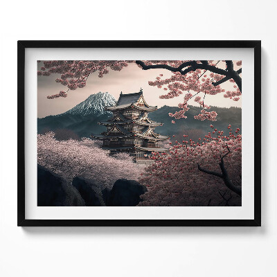 Kép keretben Japán templom virágzó cseresznyefákkal