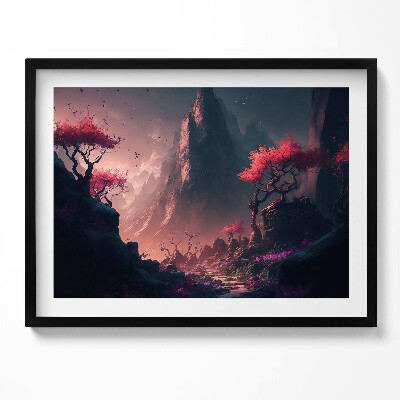 Kép keretben Hegyek virágzó fák misztikus táj