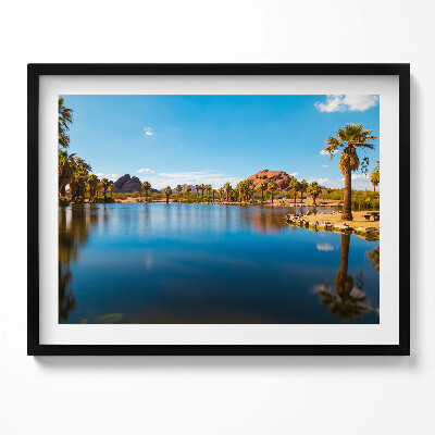 Kép keretben Tó pálmafák hegyek kék ég