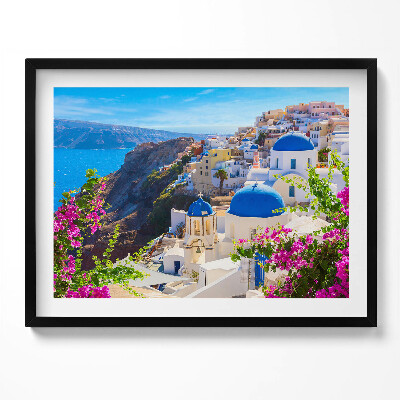 Kép keretben Fehér házak kék kupolák tengerparti táj