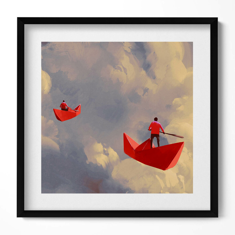 Keretezett falikép Vörös csónakban evező figura
