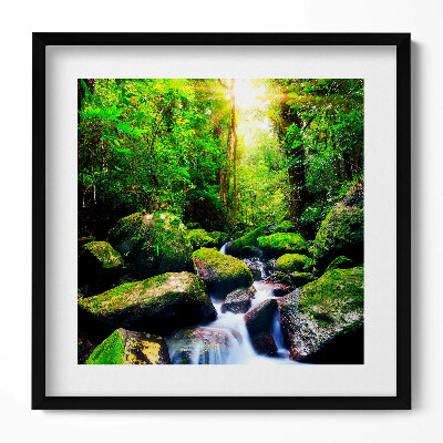 Keretezett falikép Zöld erdő patak és kövek