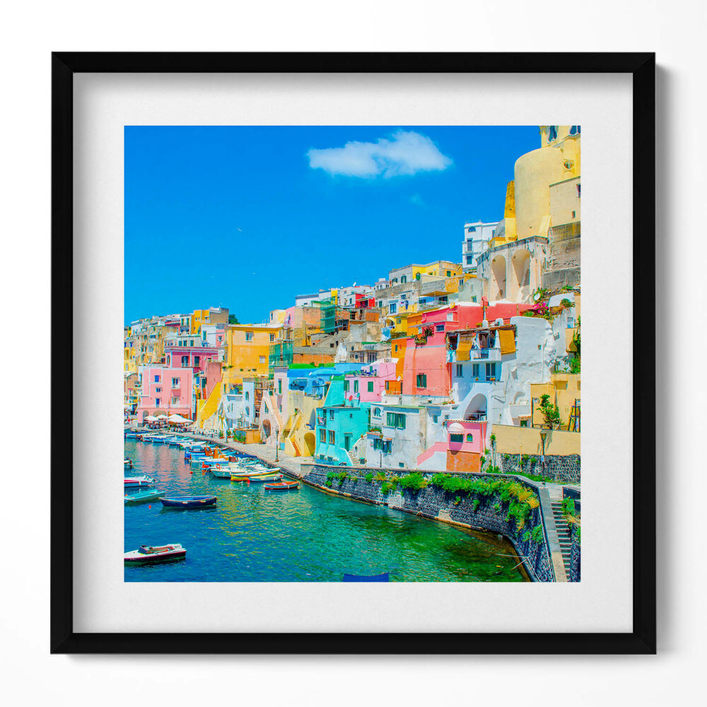 Keretezett falikép Színes tengerparti városkép