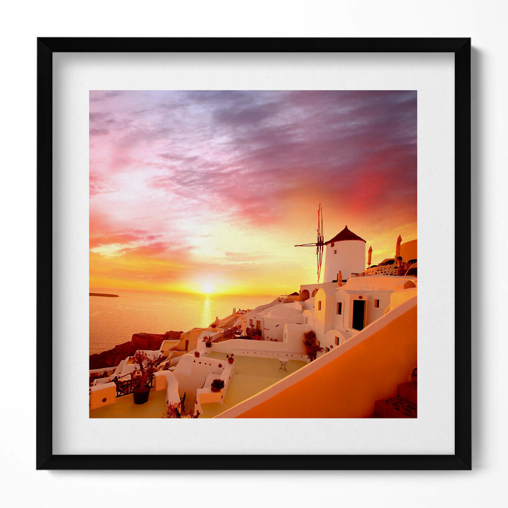 Keretezett falikép Naplemente fehér épületek szélmalom