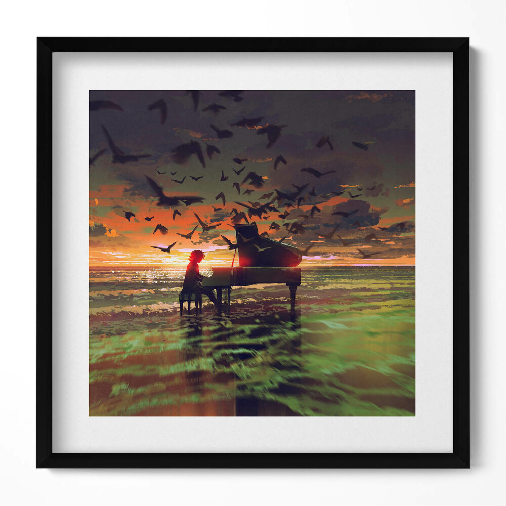 Keretezett falikép Zongorázó személy madarak naplemente