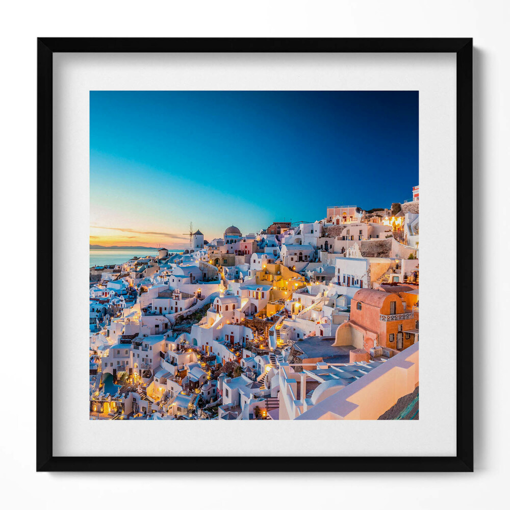 Keretezett falikép Fehér házak kék kupolák naplemente