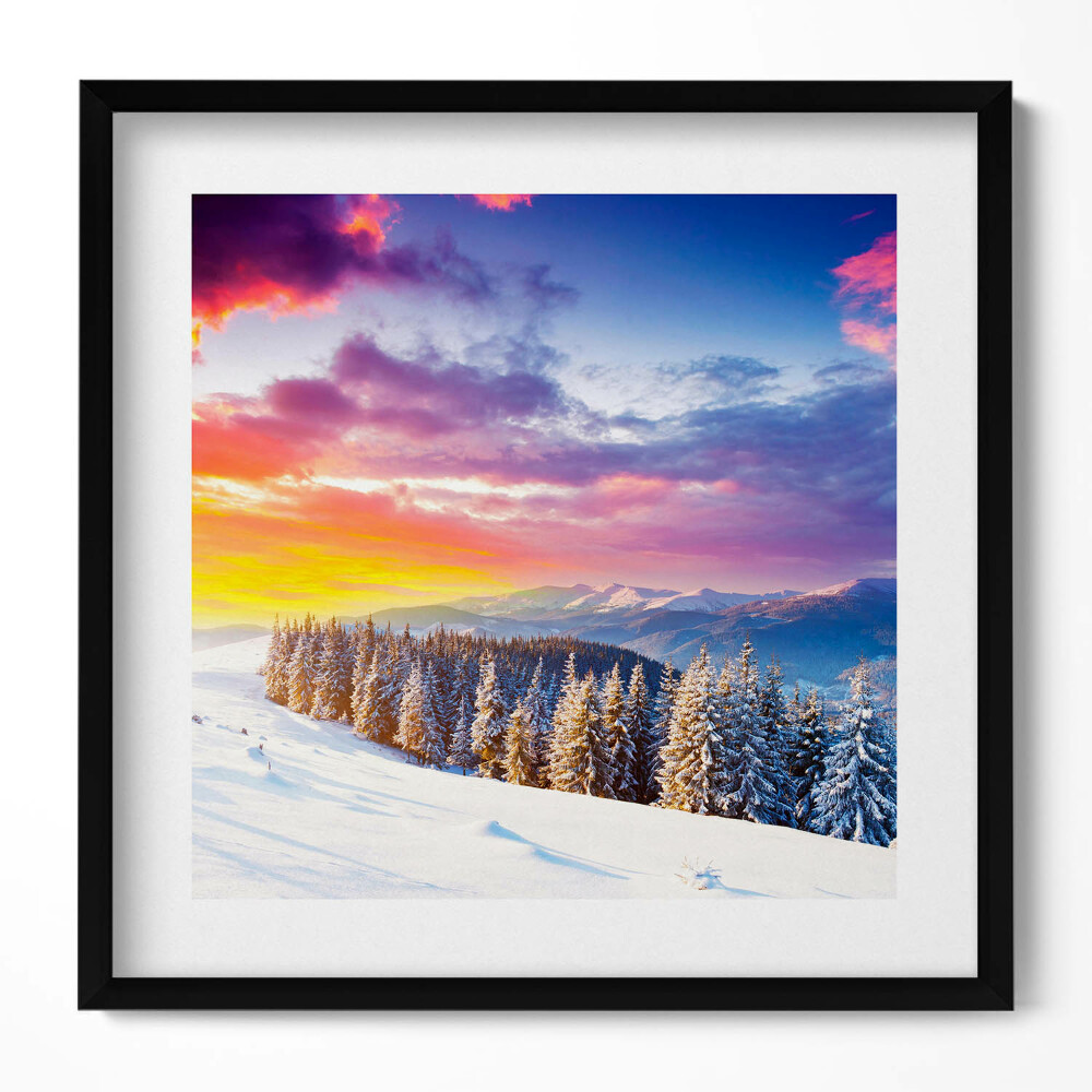 Keretezett falikép Téli táj naplementével