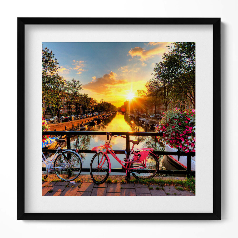 Keretezett falikép Naplemente és rózsaszín kerékpár
