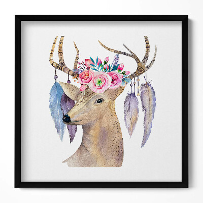 Keretezett falikép Szarvas virágkoszorúval és tollakkal