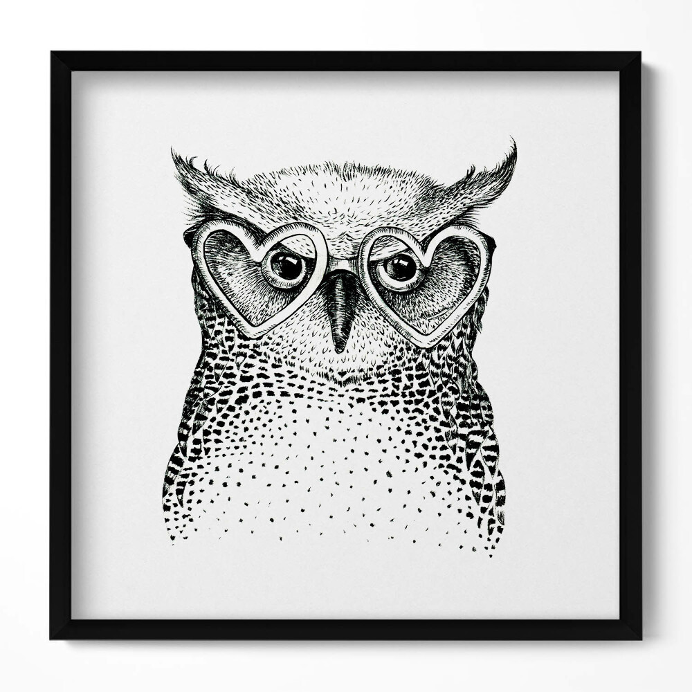 Keretezett falikép Fekete-fehér baglyos illusztráció