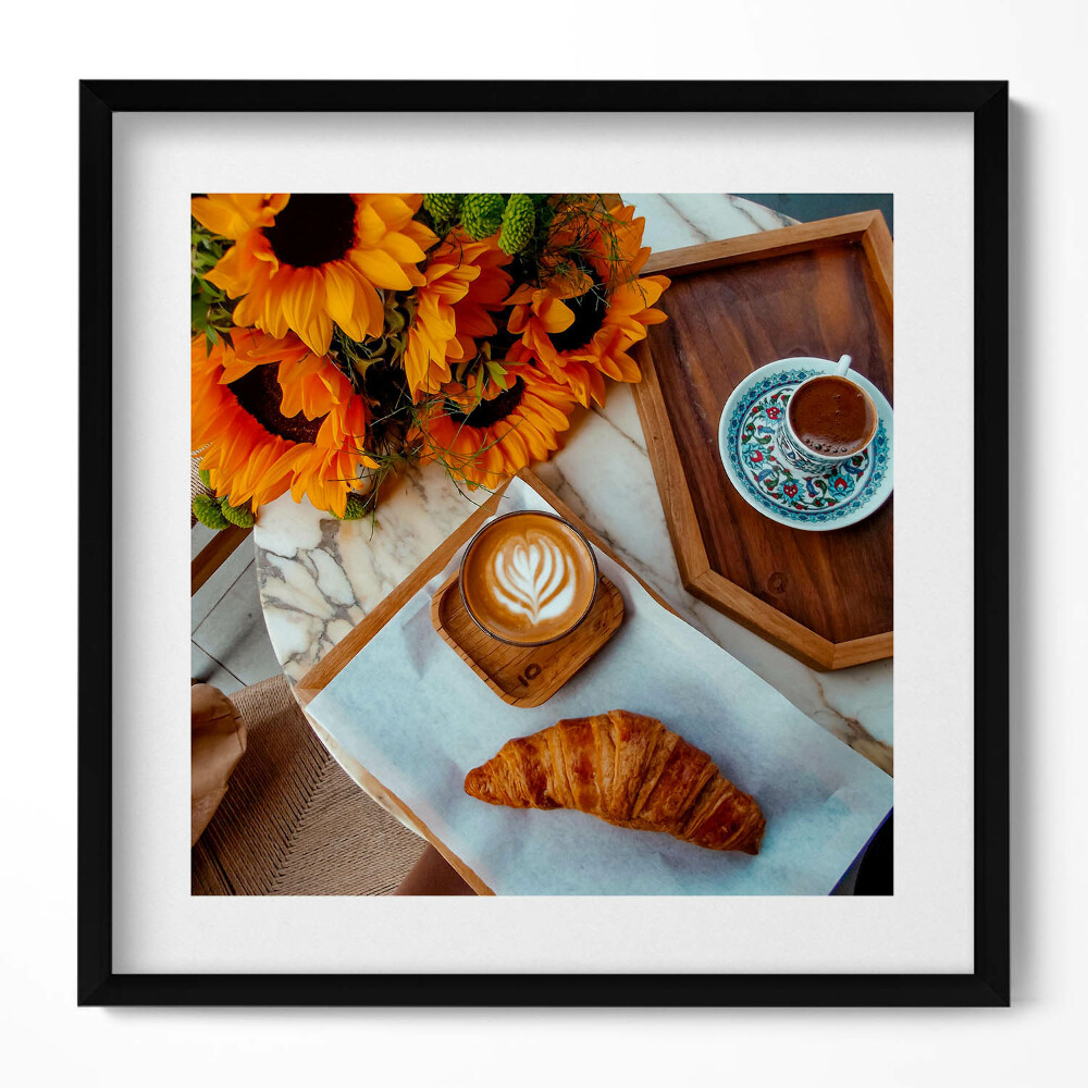 Keretezett falikép Kávé croissant napraforgók