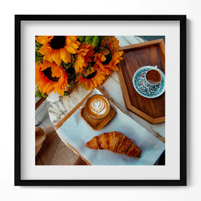 Keretezett falikép Kávé croissant napraforgók