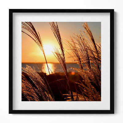 Keretezett falikép Naplemente fűvel a vízparton