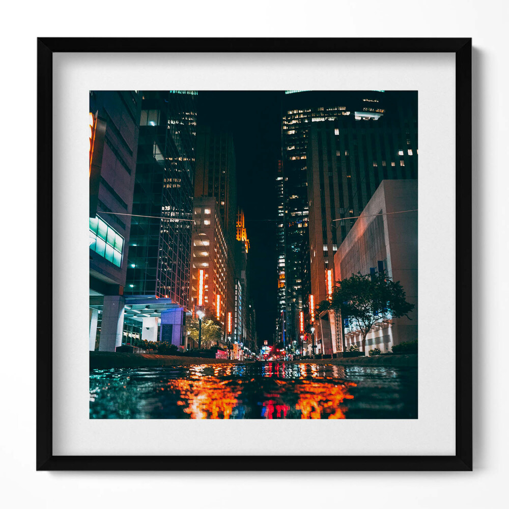 Keretezett falikép Városi táj éjszaka fények tükröződése