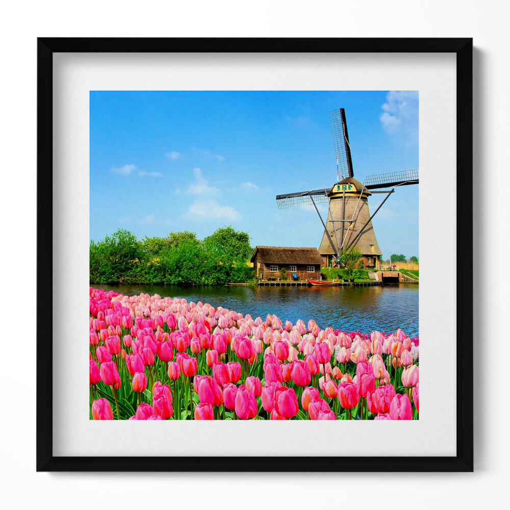 Keretezett falikép Tavaszi virágok és szélmalom