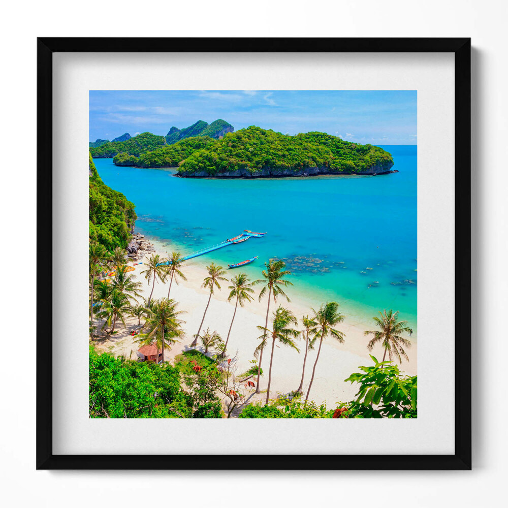 Keretezett falikép Trópusi tengerpart hajók pálmafák